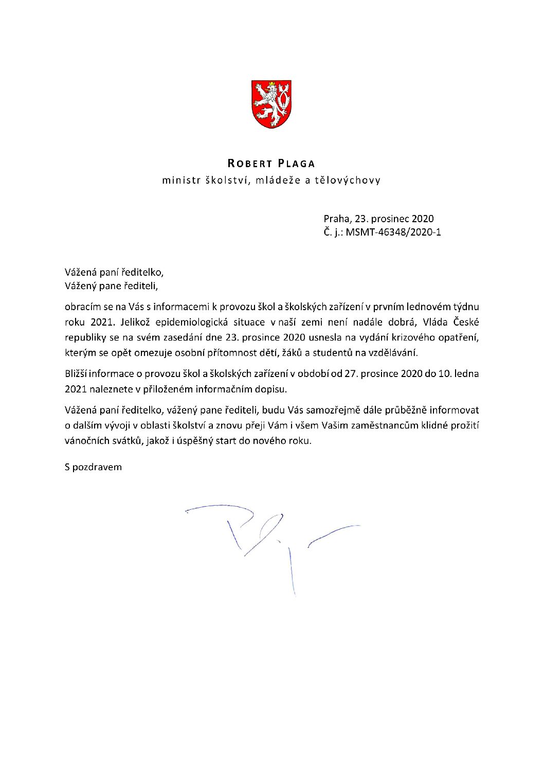Průvodní dopis pana ministra